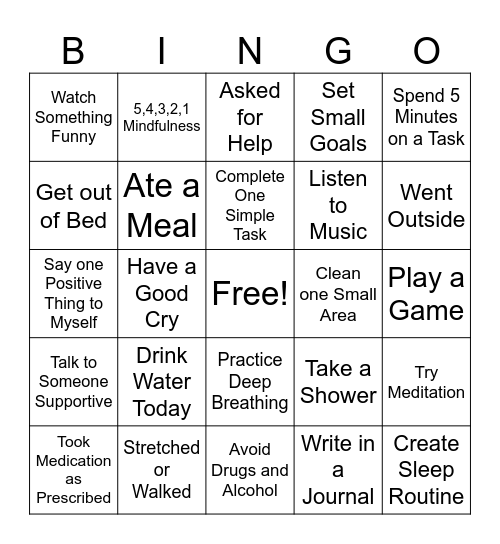 Depression Coping Bingo Card