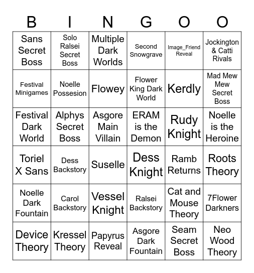 Deltarune Chapter 5 Predictions Bingo Card
