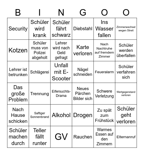 Klassenfahrt Hamburg Mastbruch Bingo Card