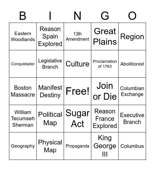 Social Studies Final Day Bingo Card