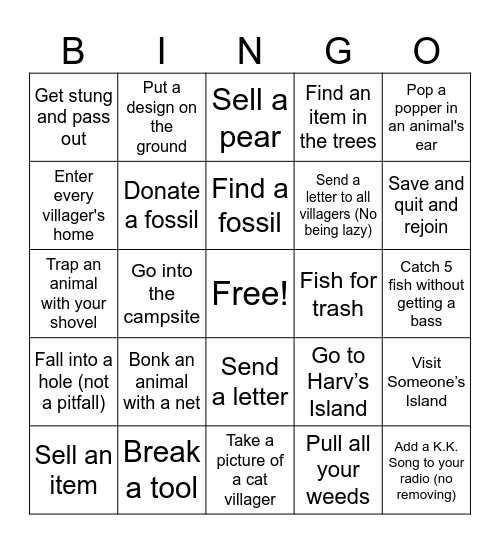 Animal Crossing Taskmaster Bingo Card
