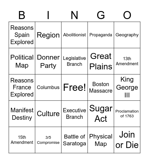 Social Studies Bingo Card