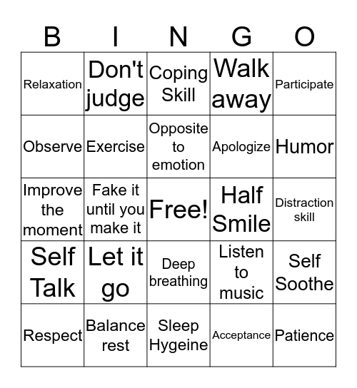 Coping Skills Bingo Card