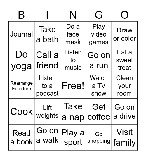 Stress Management Bingo Card