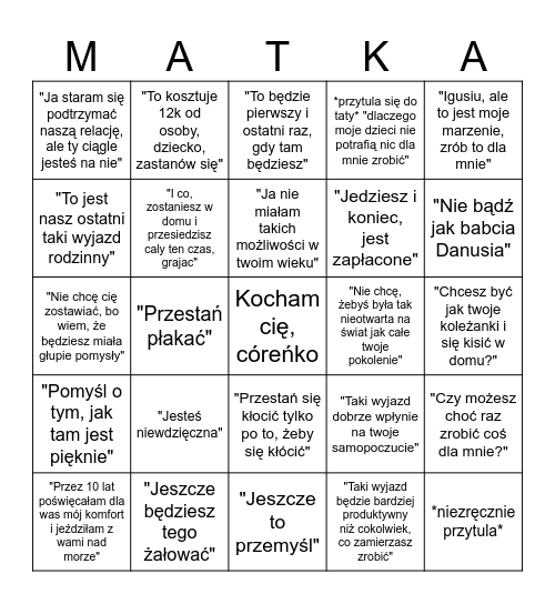 Klotnia z mama bingo Card