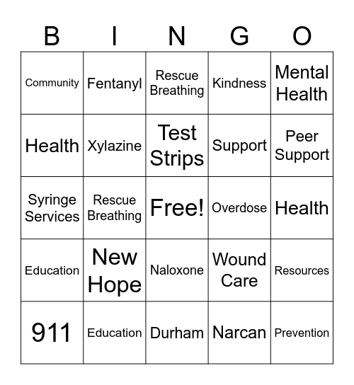 Harm Reduction Bingo Card