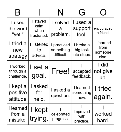 Growth Mindset Bingo Card
