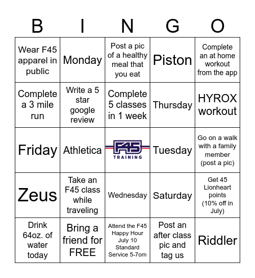 F45 JULY BINGO Card