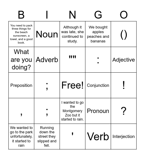 Grammar Bingo Card