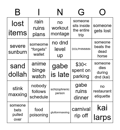 2026 dnd beach trip Bingo Card