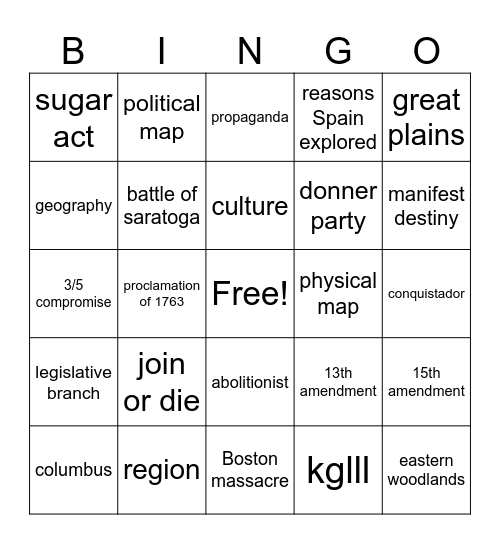 S.S. reveiw Bingo Card