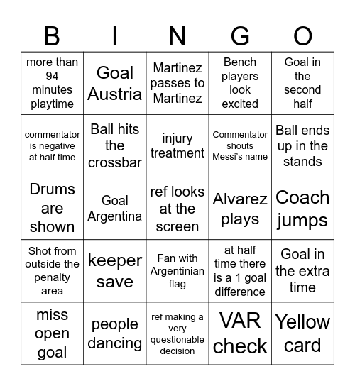 Argentina vs Austria B-B-B-BINGOOO Bingo Card