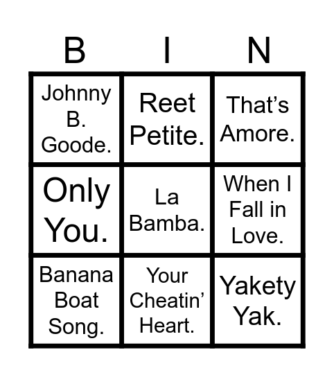 50s Music Bingo Card