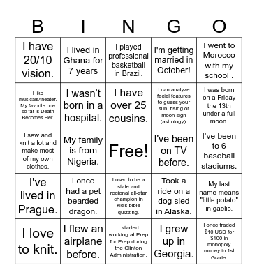 PREP 9 Icebreaker Bingo Card