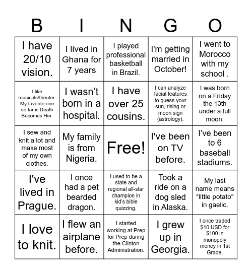 PREP 9 Icebreaker Bingo Card