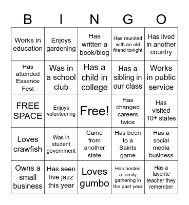 20-Year Reunion Meet & Greet Bingo Card