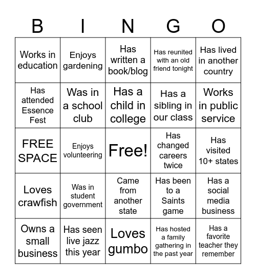 20-Year Reunion Meet & Greet Bingo Card