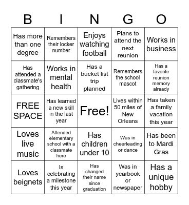 20-Year Reunion Meet & Greet Bingo Card