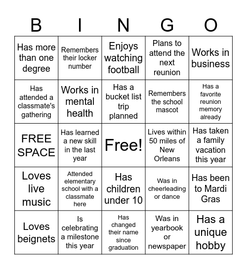 20-Year Reunion Meet & Greet Bingo Card