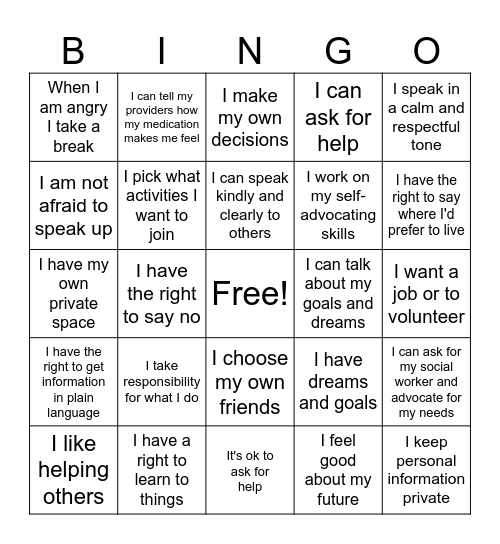 Self-Advocacy BINGO Card