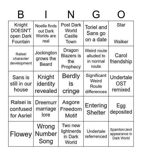 Deltarune Chapter 5 Bingo Card