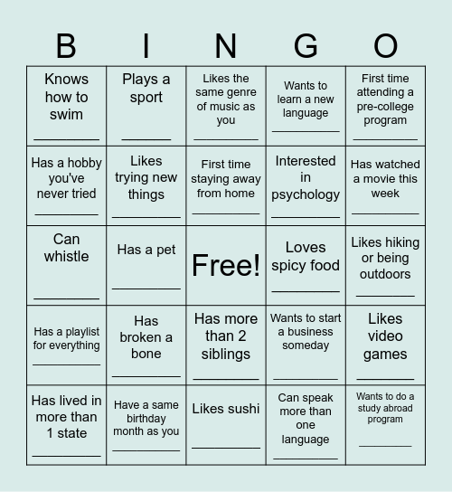 Pre-College Connections Bingo Card