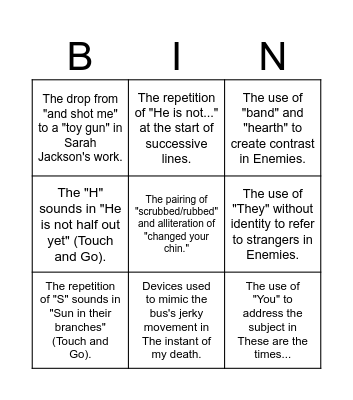 IGCSE Eng Lit Poetry Bingo Card