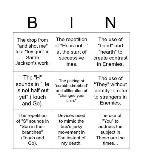 IGCSE Eng Lit Poetry Bingo Card