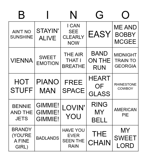 70'S Bingo Card