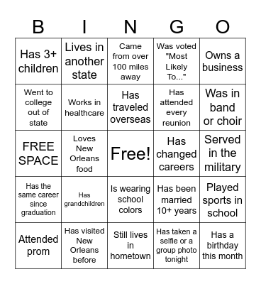 "20-Year Reunion Meet & Greet" Bingo Card