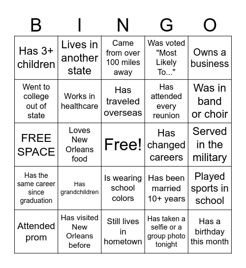 "20-Year Reunion Meet & Greet" Bingo Card
