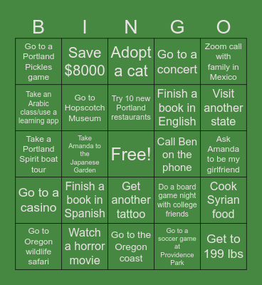 2026 Bucket List Bingo Card