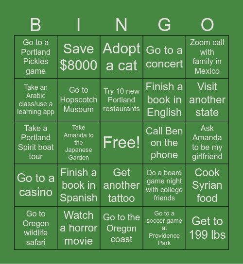 2026 Bucket List Bingo Card