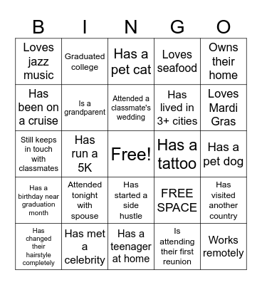 "20-Year Reunion Meet & Greet" Bingo Card