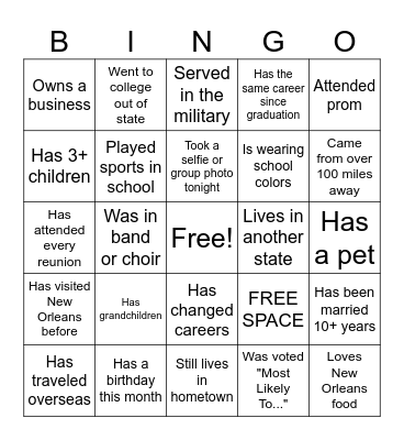 "20-Year Reunion Meet & Greet" Bingo Card