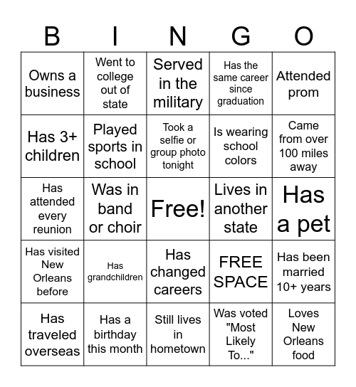 "20-Year Reunion Meet & Greet" Bingo Card