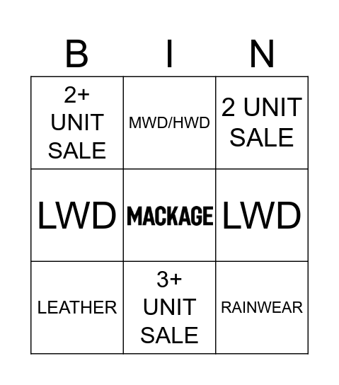 Ladies Outerwear Extravaganza Bingo Card
