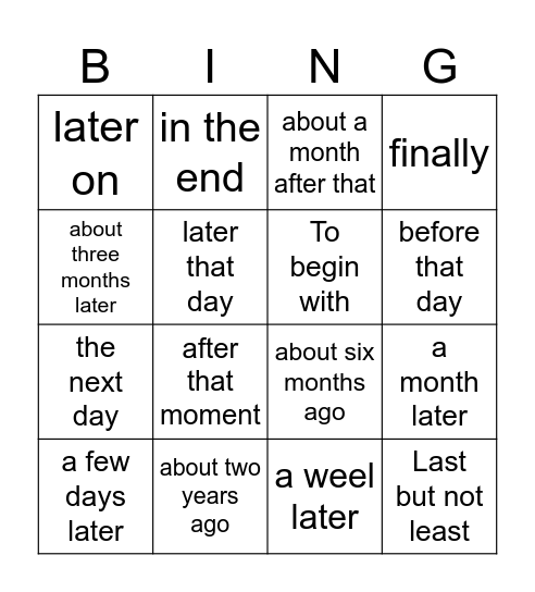Sequencing phrases Bingo Card