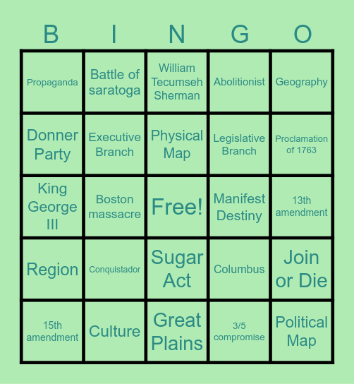 Social Studies Bingo Card