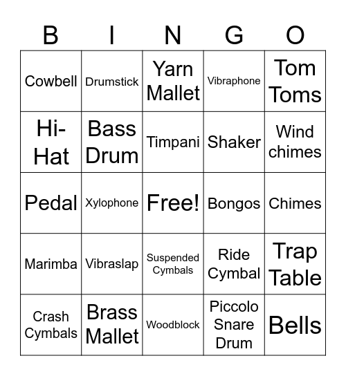 Percussion Equipment Bingo Card