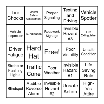 Vehicle Safety Bingo Card