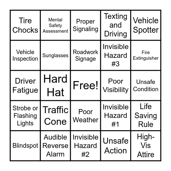 Vehicle Safety Bingo Card