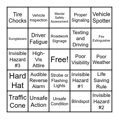 Vehicle Safety Bingo Card