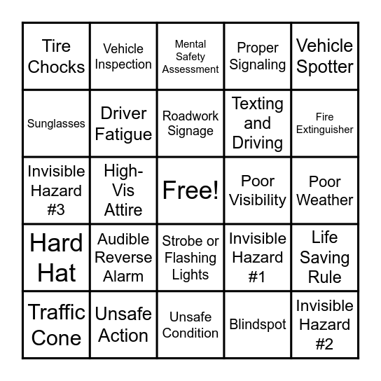 Vehicle Safety Bingo Card