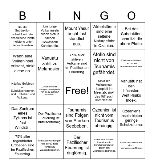 Geographie Bingo Card