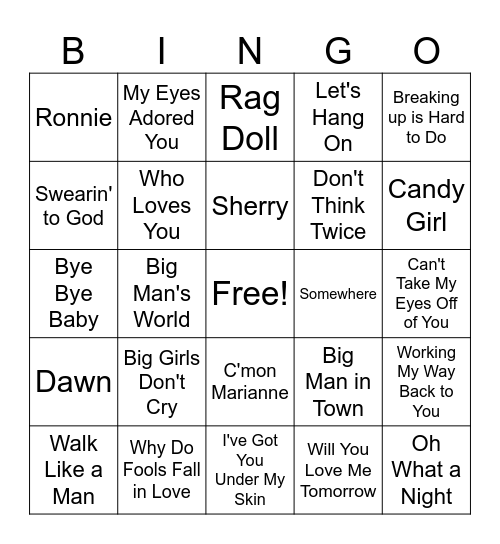 The Four Seasons Songs Bingo Card