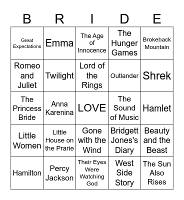 Literary Couples Bingo Card