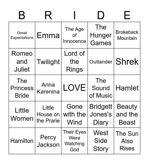 Literary Couples Bingo Card