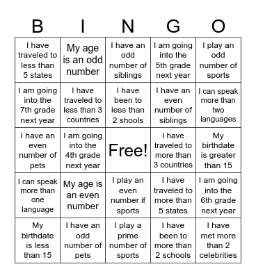 Math of My Life Bingo Card