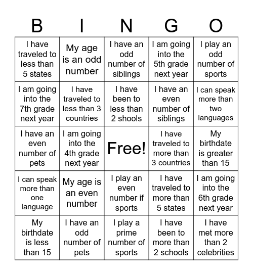 Math of My Life Bingo Card